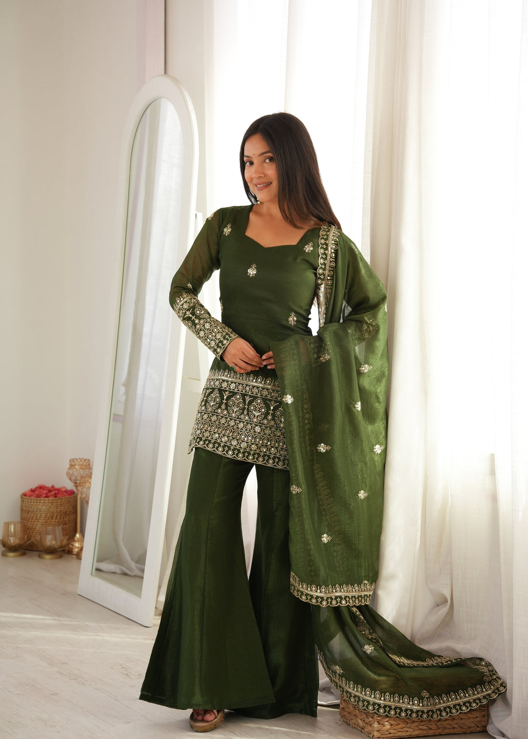 Mehndi Embroidered Pakistani Style Sharara Suit
