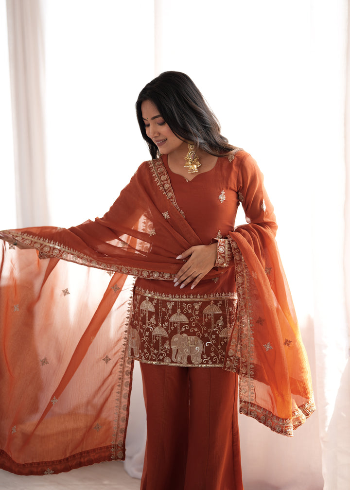 Rust Embroidered Pakistani Style Sharara Suit