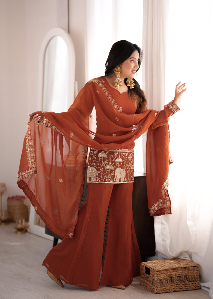 Rust Embroidered Pakistani Style Sharara Suit
