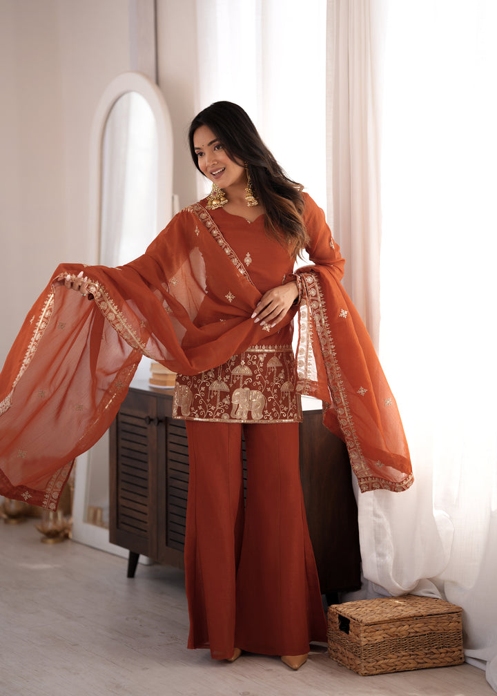 Rust Embroidered Pakistani Style Sharara Suit