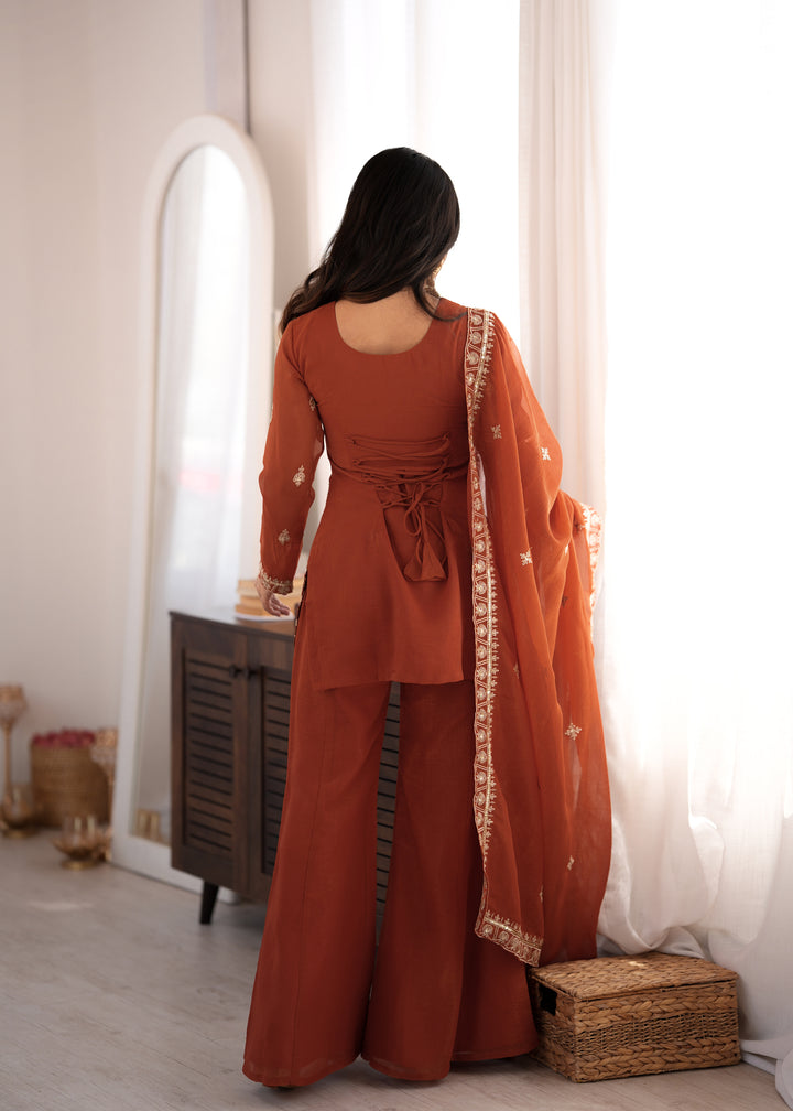 Rust Embroidered Pakistani Style Sharara Suit