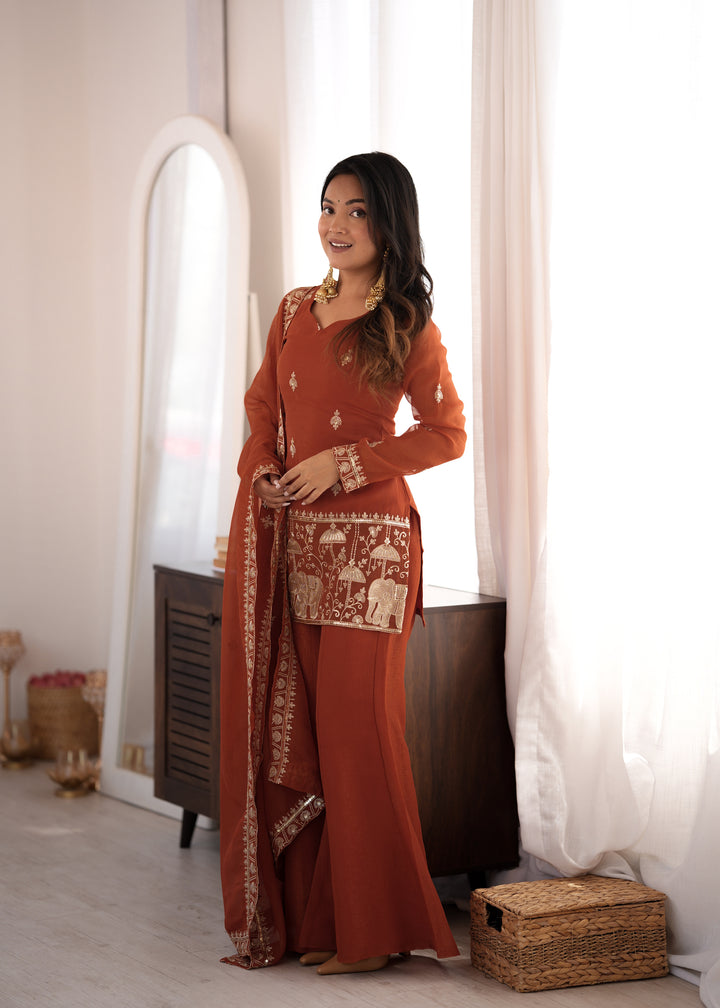 Rust Embroidered Pakistani Style Sharara Suit