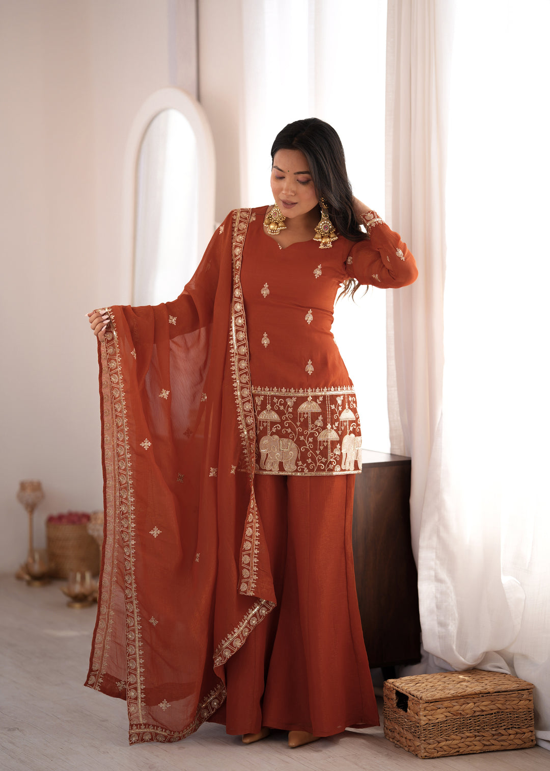 Rust Embroidered Pakistani Style Sharara Suit
