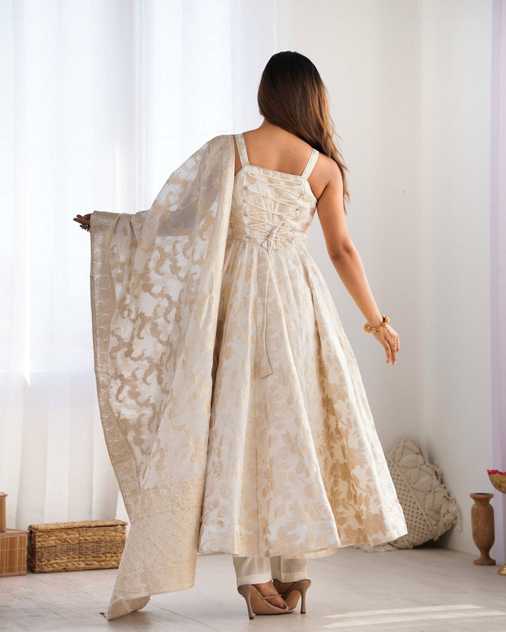 Off White Banarasi Silk Woven Anarkali Suit