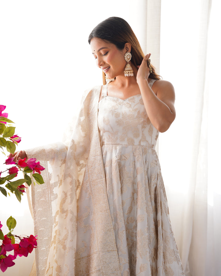 Off White Banarasi Silk Woven Anarkali Suit