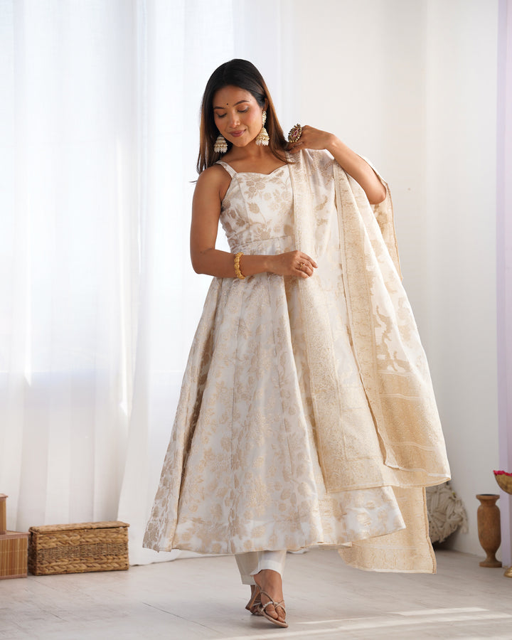 Off White Banarasi Silk Woven Anarkali Suit
