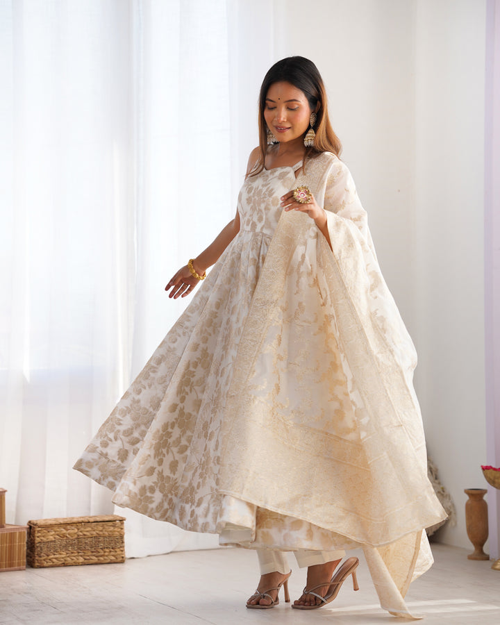 Off White Banarasi Silk Woven Anarkali Suit