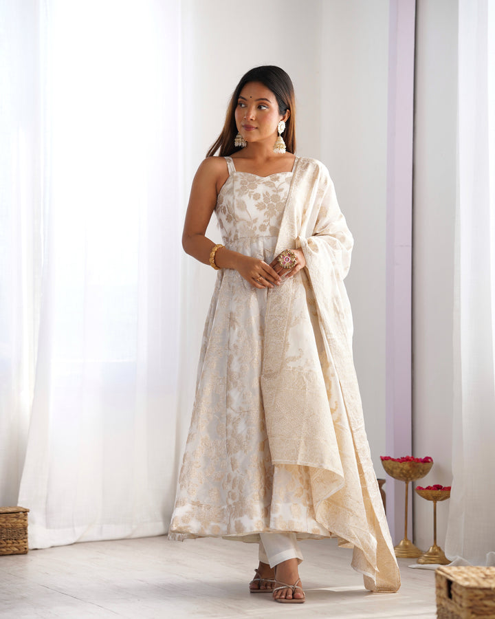 Off White Banarasi Silk Woven Anarkali Suit