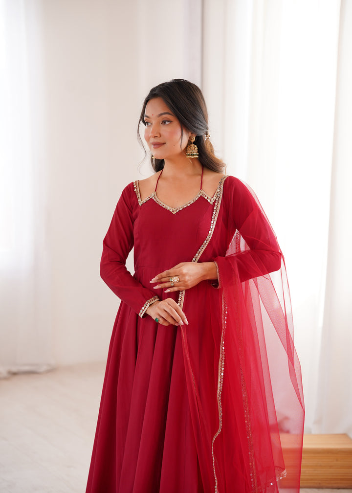 Designer Maroon Halter Strap Flared Anarkali Suit