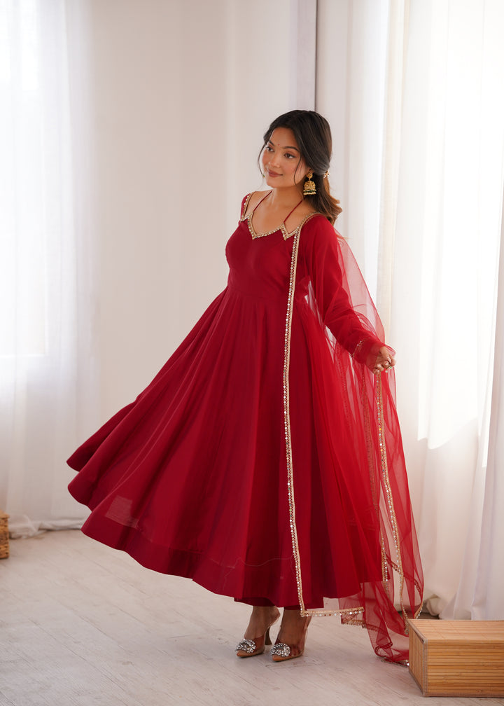 Designer Maroon Halter Strap Flared Anarkali Suit