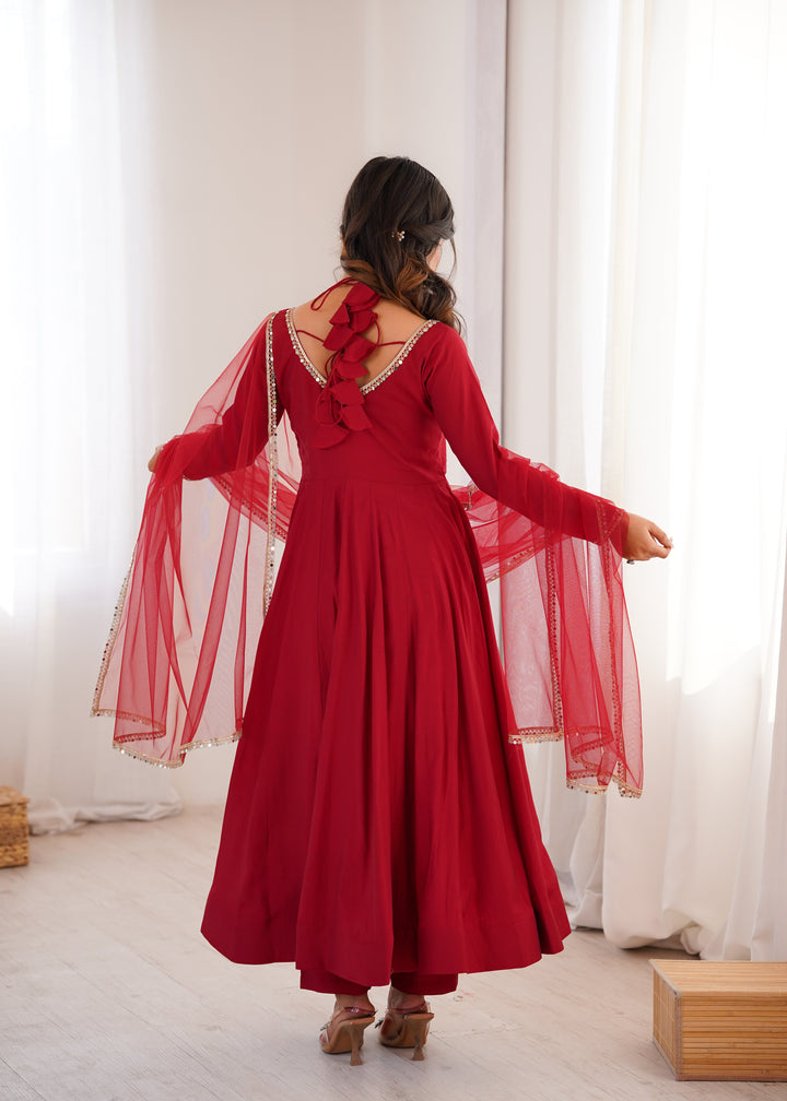 Designer Maroon Halter Strap Flared Anarkali Suit