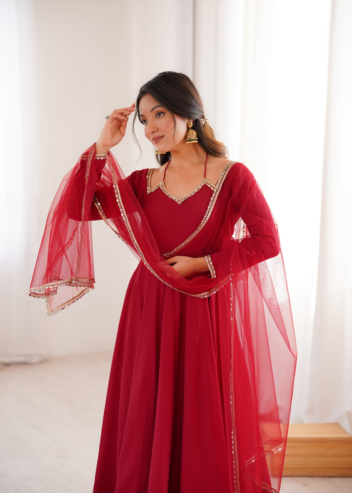 Designer Maroon Halter Strap Flared Anarkali Suit