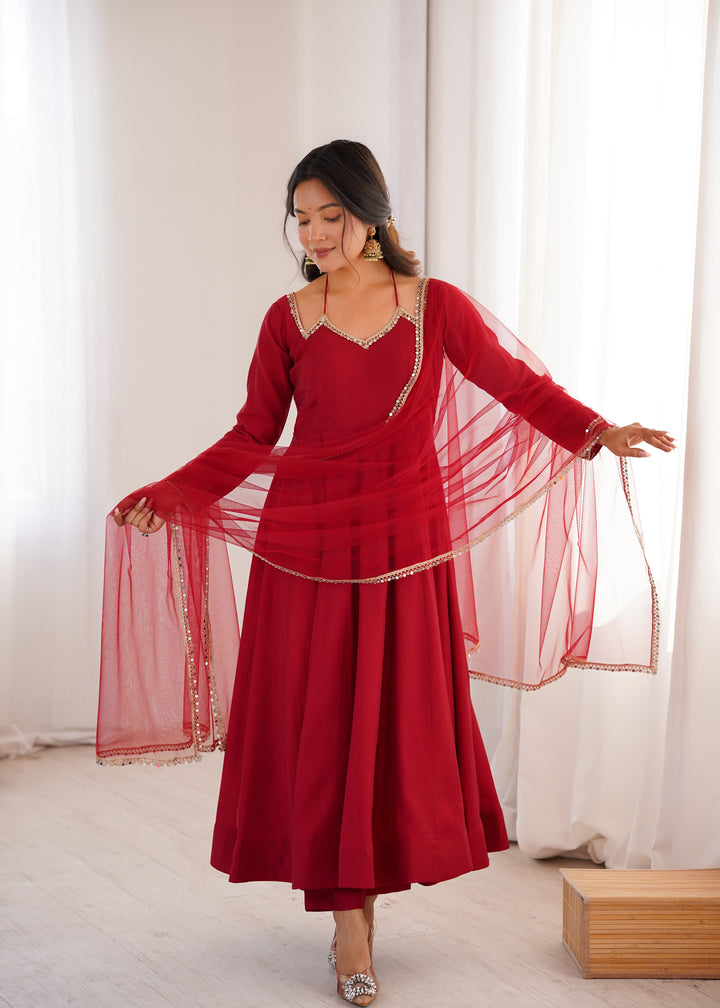 Designer Maroon Halter Strap Flared Anarkali Suit