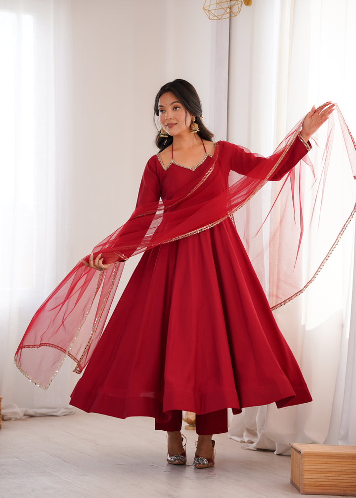 Designer Maroon Halter Strap Flared Anarkali Suit