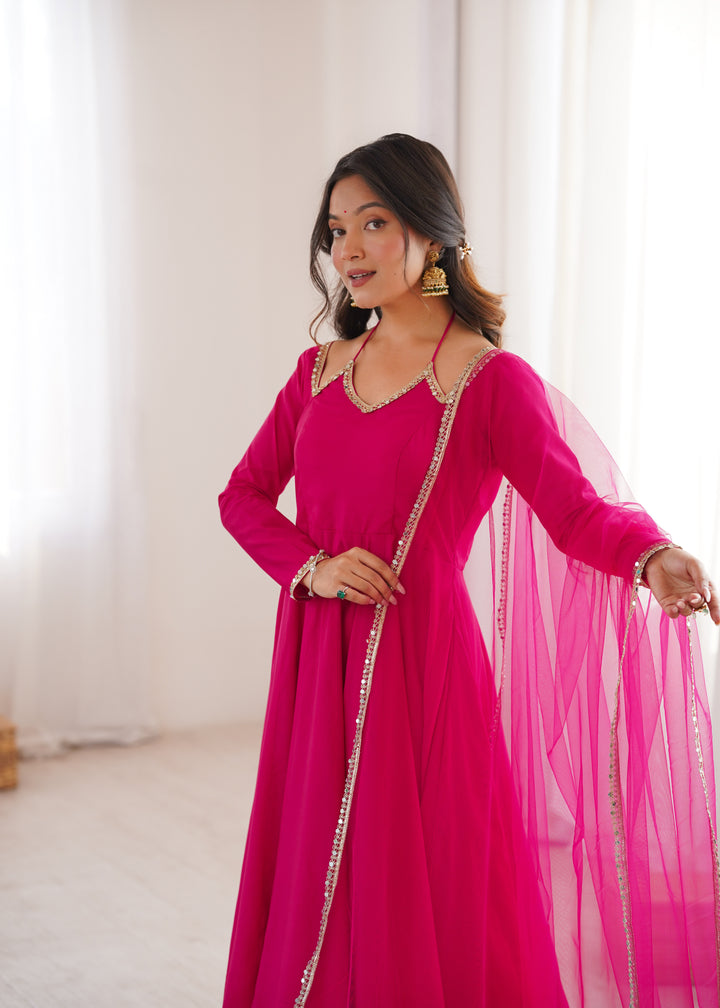 Designer Rani Pink Halter Strap Flared Anarkali Suit