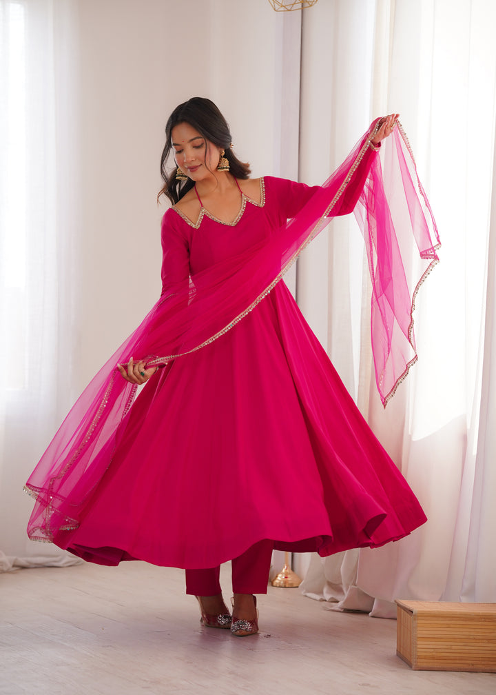 Designer Rani Pink Halter Strap Flared Anarkali Suit