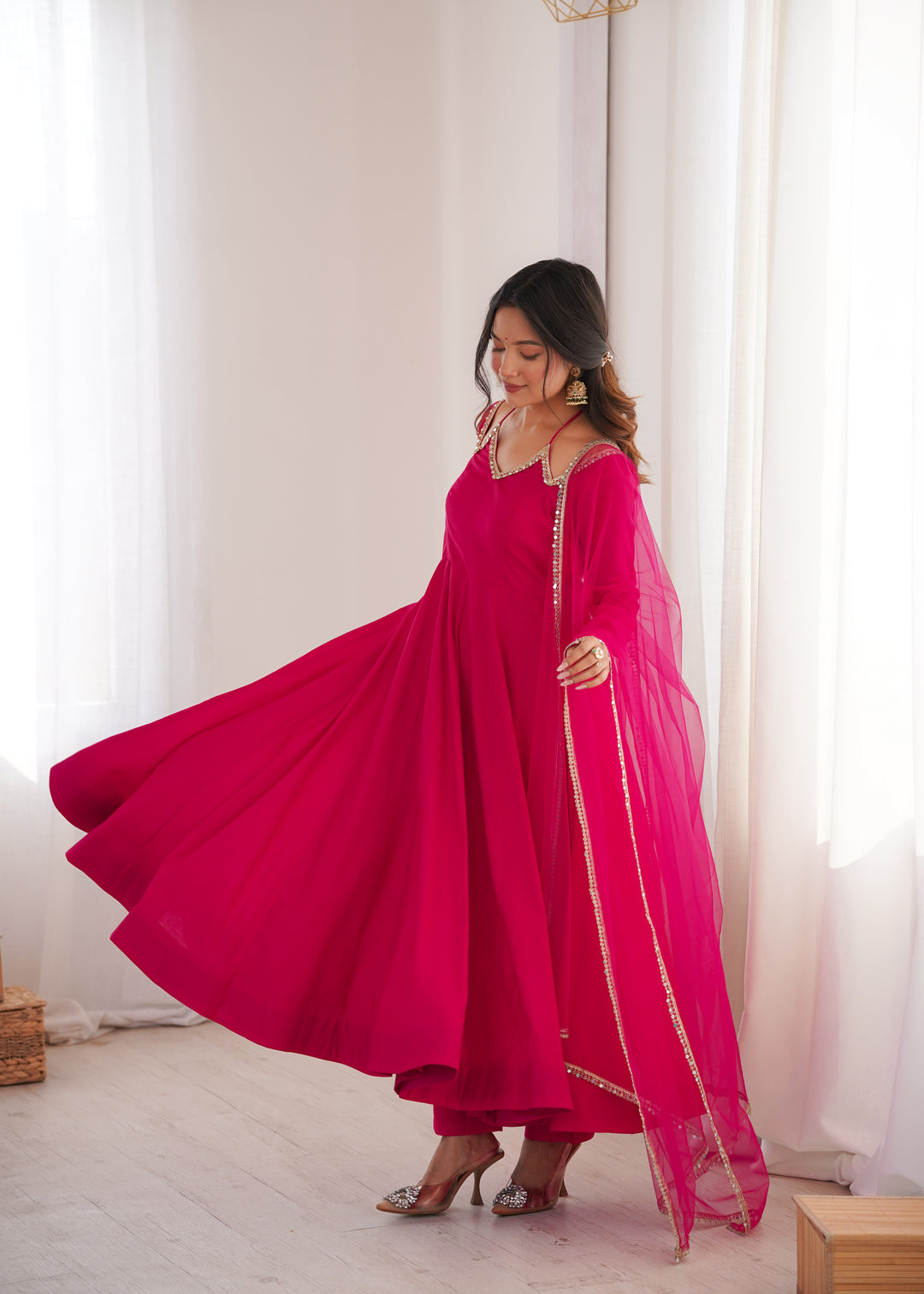 Designer Rani Pink Halter Strap Flared Anarkali Suit