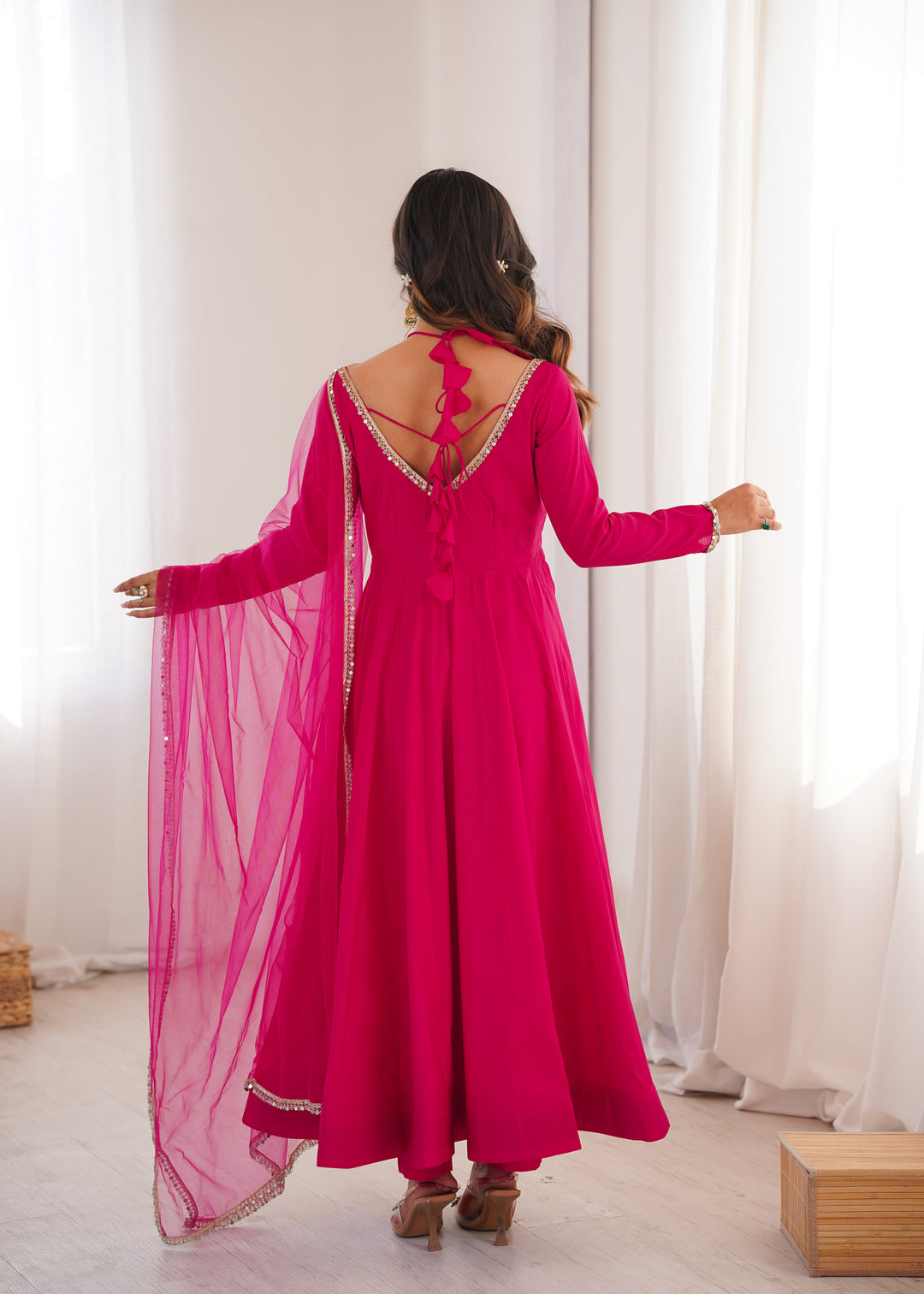 Designer Rani Pink Halter Strap Flared Anarkali Suit