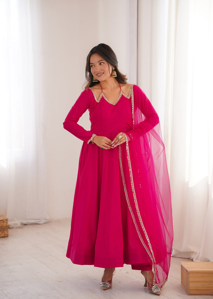 Designer Rani Pink Halter Strap Flared Anarkali Suit