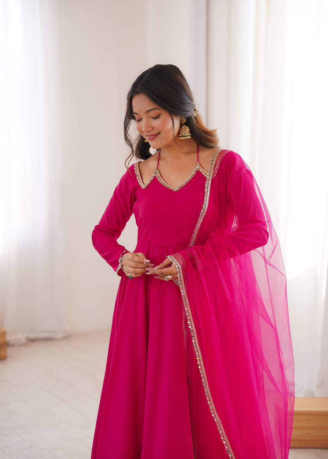 Designer Rani Pink Halter Strap Flared Anarkali Suit