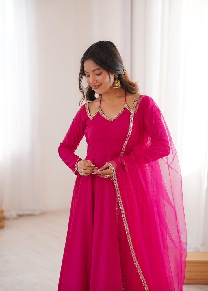 Designer Rani Pink Halter Strap Flared Anarkali Suit