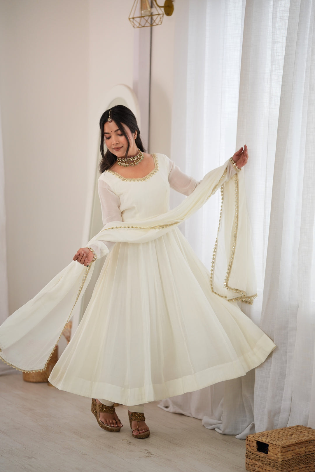 Off White Flared Anarkali Kurta Pant Dupatta Set
