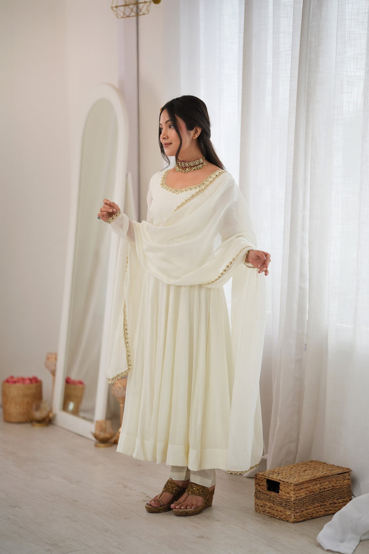 Off White Flared Anarkali Kurta Pant Dupatta Set