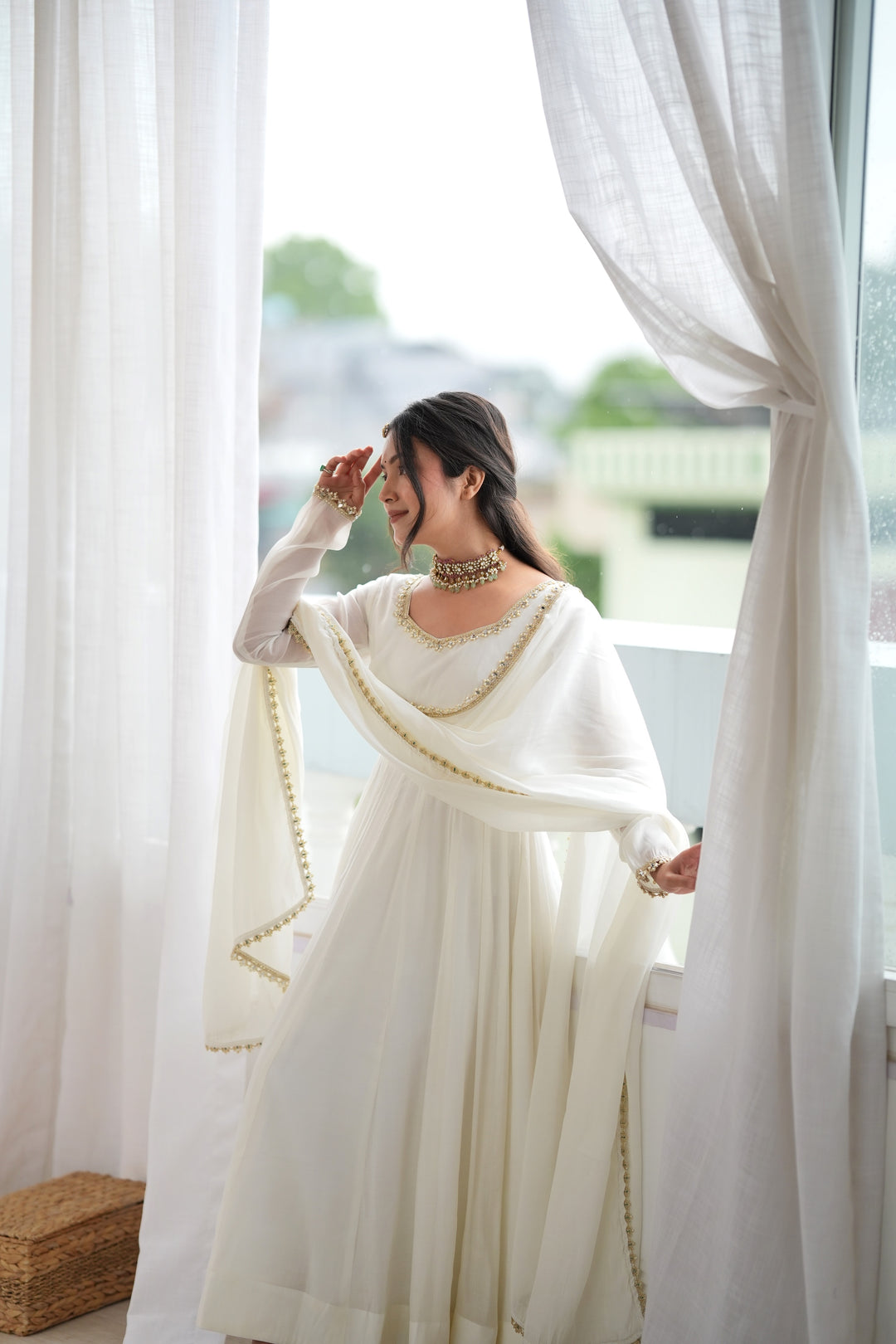 Off White Flared Anarkali Kurta Pant Dupatta Set