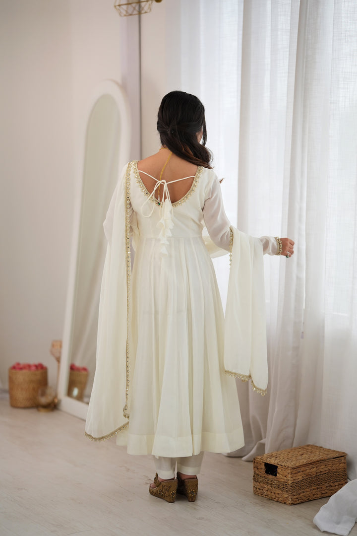 Off White Flared Anarkali Kurta Pant Dupatta Set