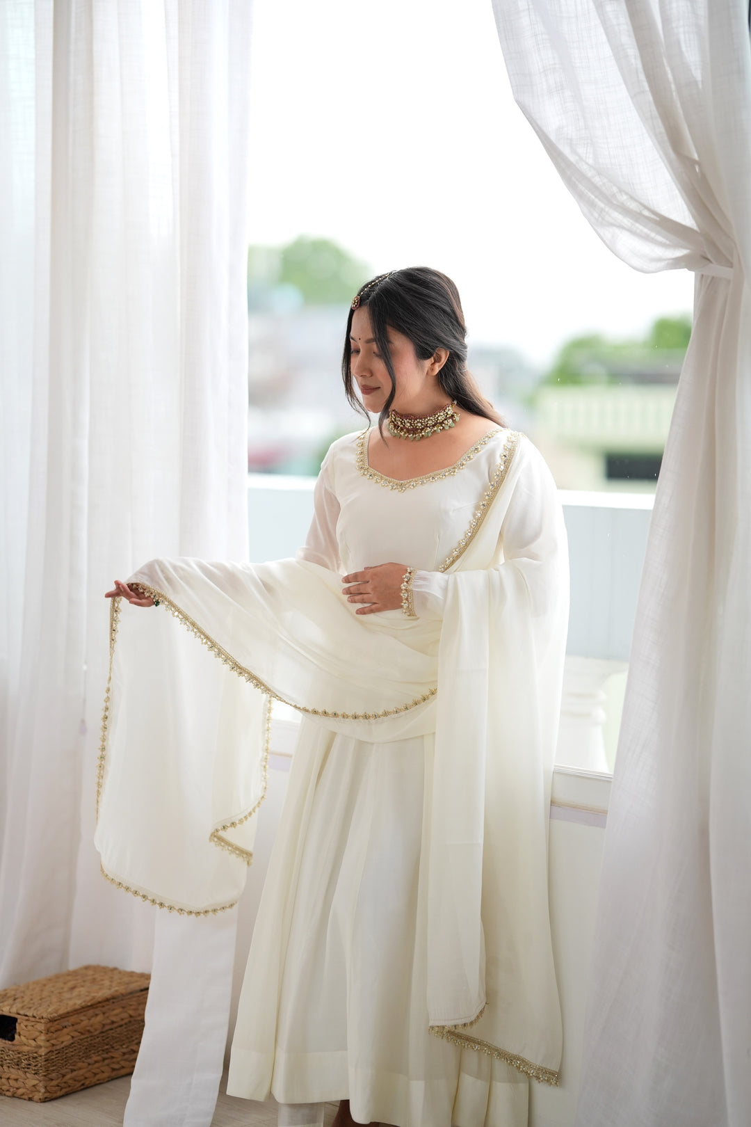 Off White Flared Anarkali Kurta Pant Dupatta Set