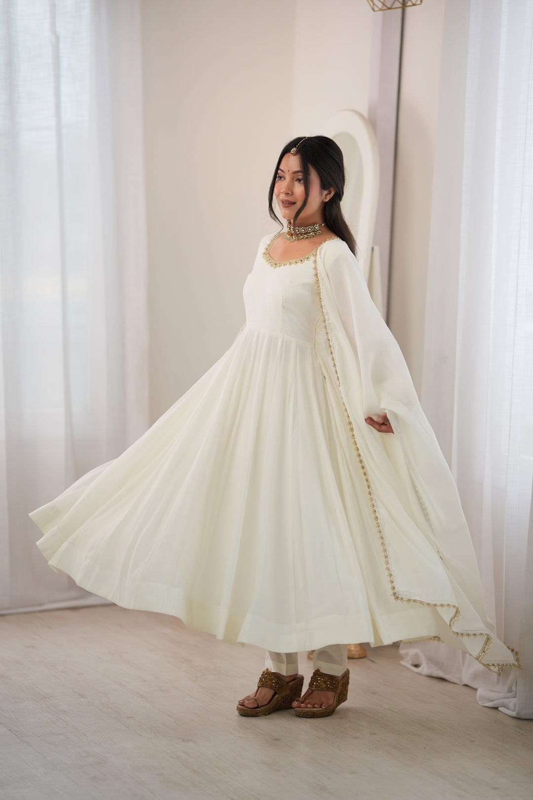 Off White Flared Anarkali Kurta Pant Dupatta Set