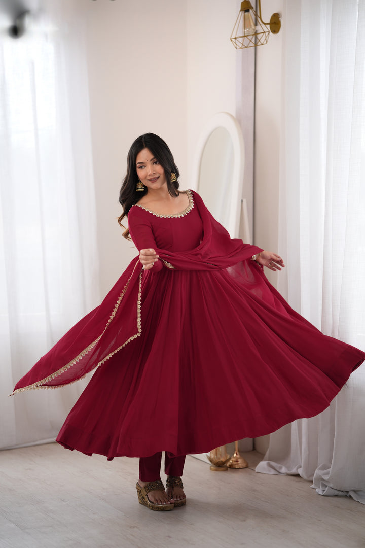 Maroon Flared Anarkali Kurta Pant Dupatta Set