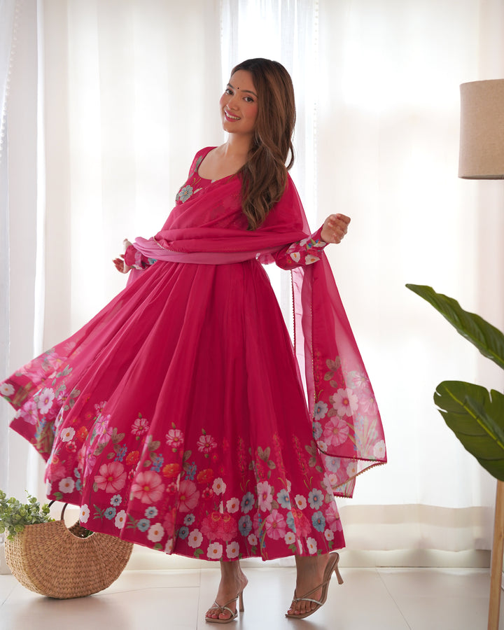 Pink Organza Floral Printed Flared Anarkali Suit