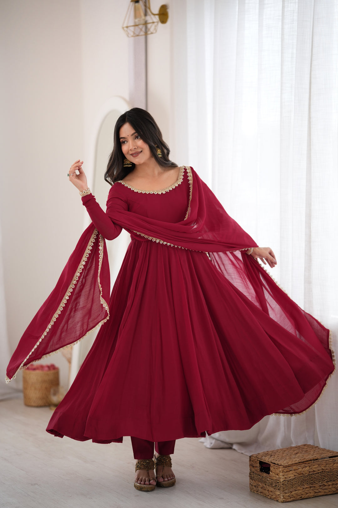 Maroon Flared Anarkali Kurta Pant Dupatta Set