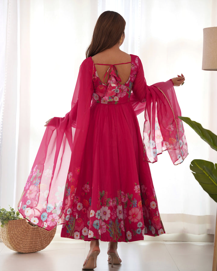 Pink Organza Floral Printed Flared Anarkali Suit