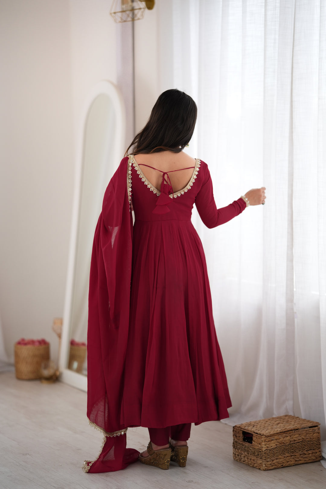 Maroon Flared Anarkali Kurta Pant Dupatta Set