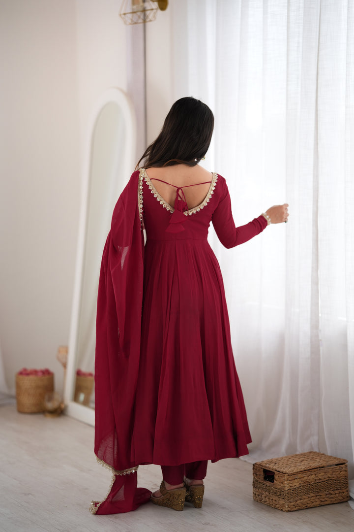 Maroon Flared Anarkali Kurta Pant Dupatta Set