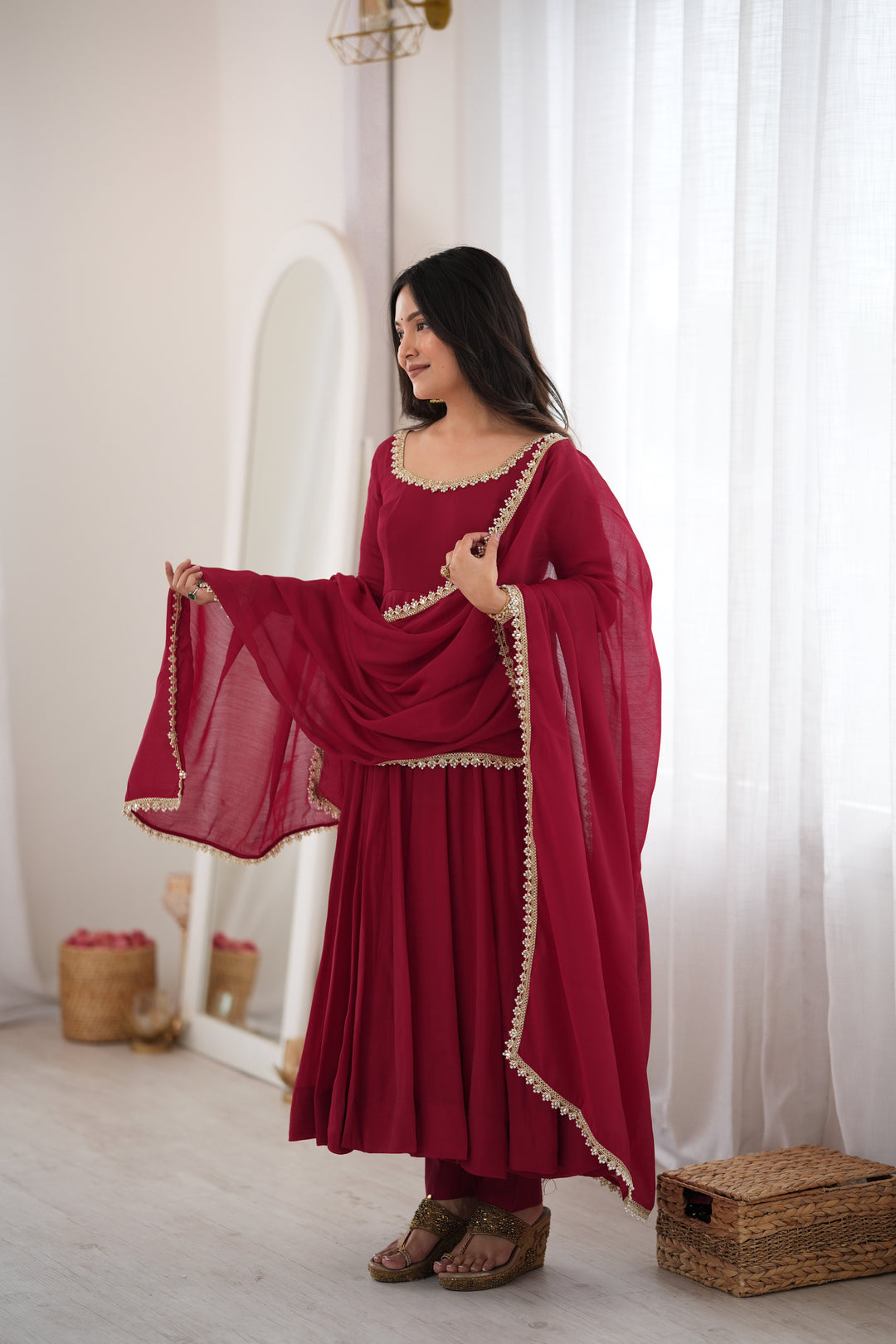 Maroon Flared Anarkali Kurta Pant Dupatta Set