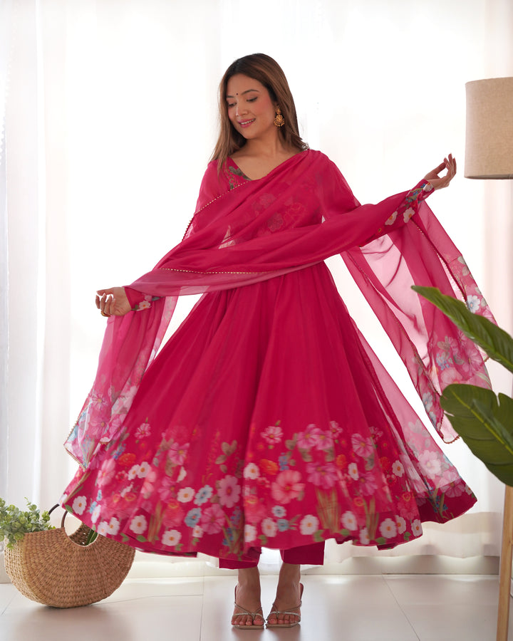 Pink Organza Floral Printed Flared Anarkali Suit