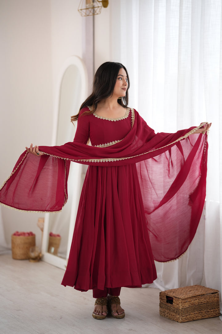 Maroon Flared Anarkali Kurta Pant Dupatta Set