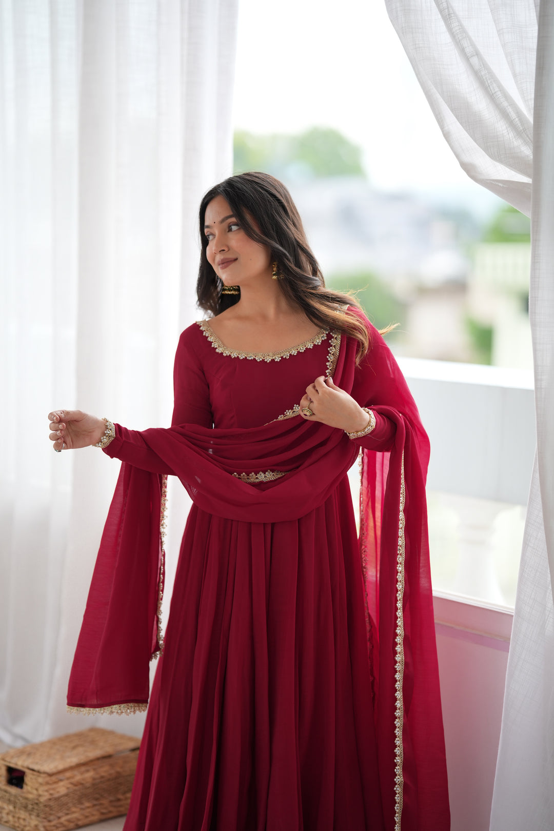 Maroon Flared Anarkali Kurta Pant Dupatta Set