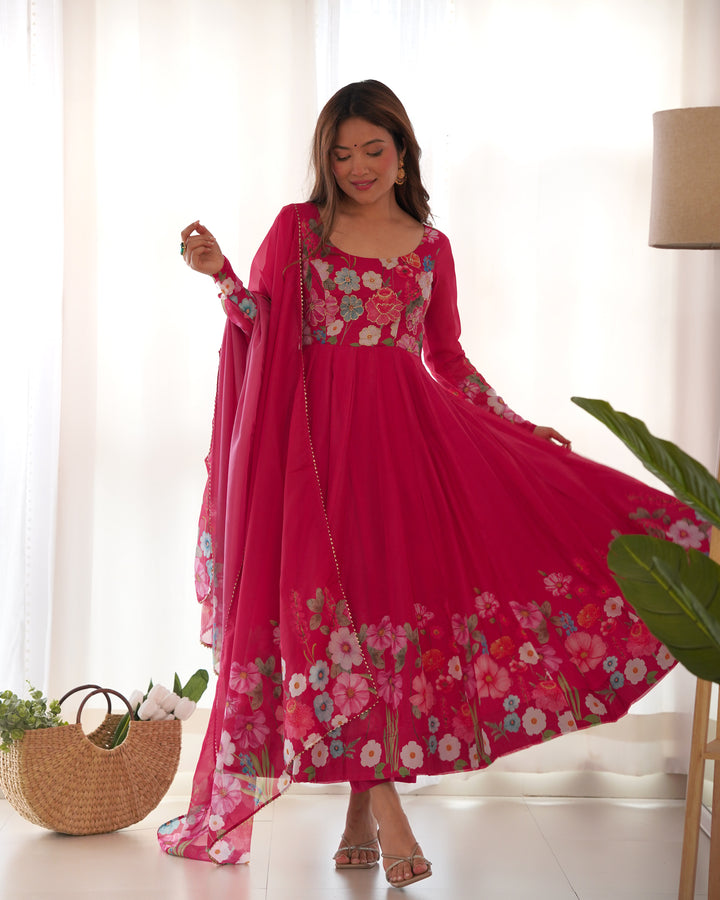 Pink Organza Floral Printed Flared Anarkali Suit