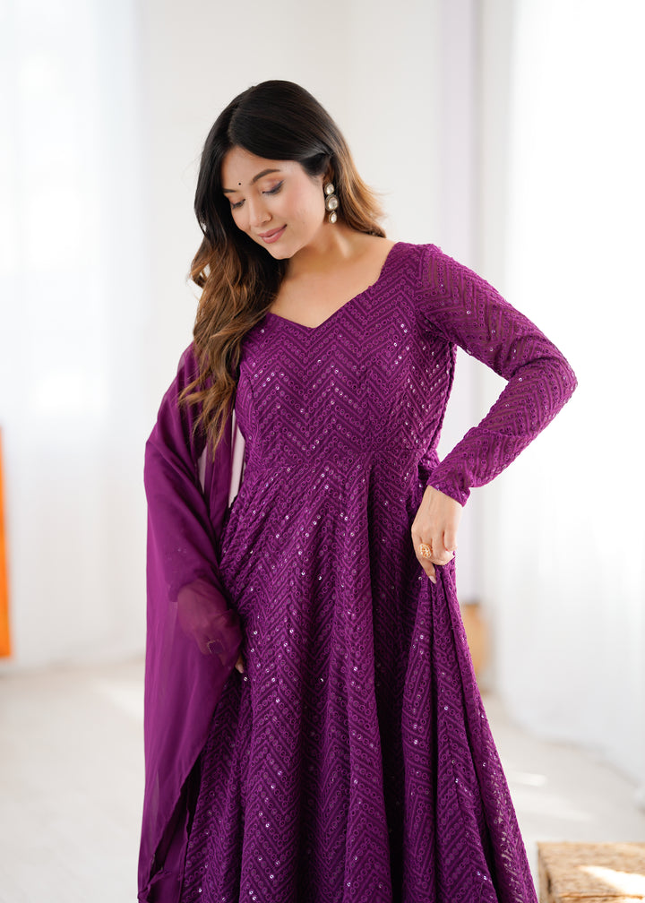 Wine Color Chikankari Embroidered Flared Anarkali Set