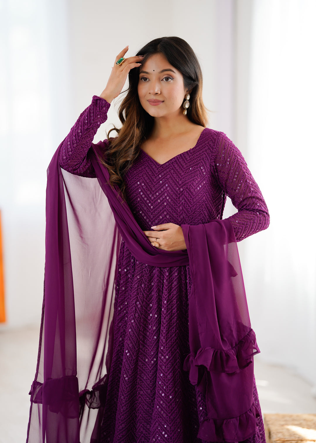 Wine Color Chikankari Embroidered Flared Anarkali Set