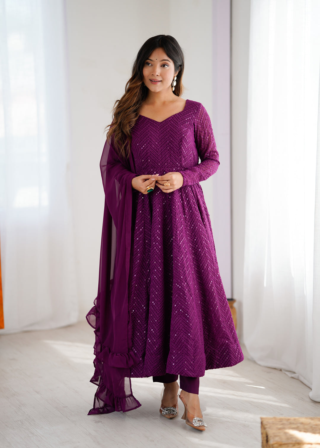 Wine Color Chikankari Embroidered Flared Anarkali Set
