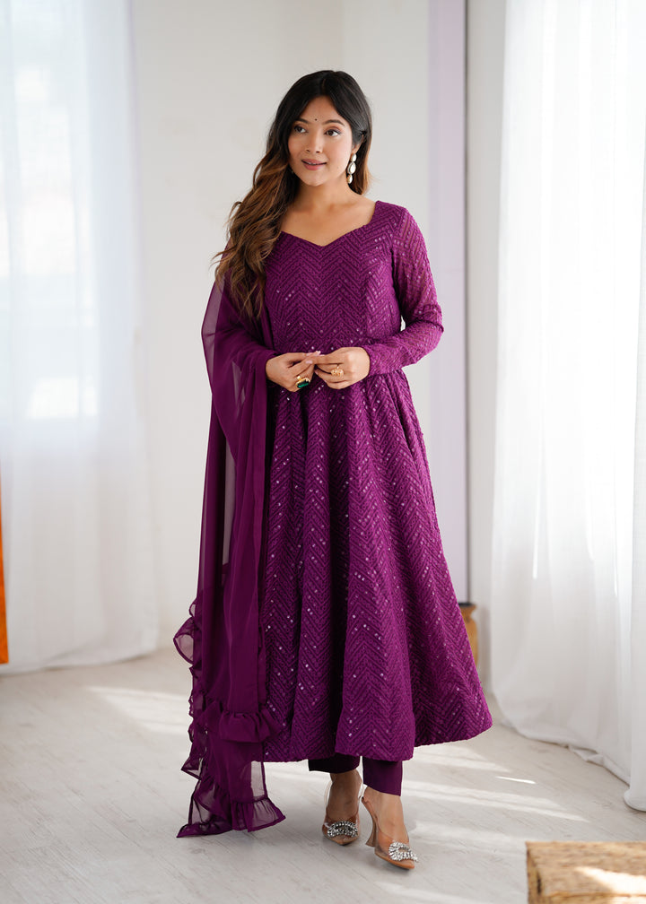 Wine Color Chikankari Embroidered Flared Anarkali Set