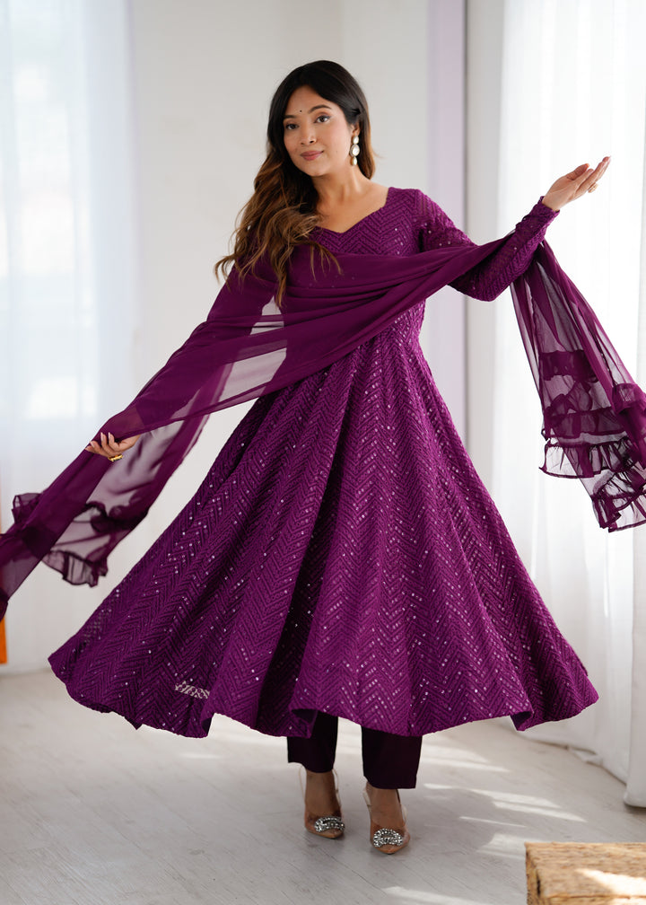 Wine Color Chikankari Embroidered Flared Anarkali Set
