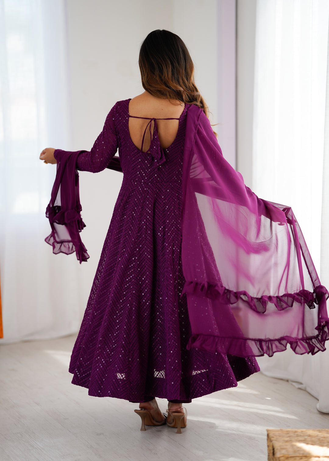 Wine Color Chikankari Embroidered Flared Anarkali Set