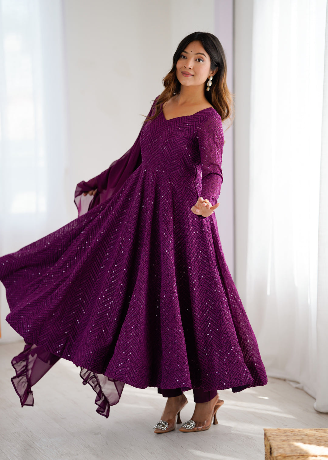 Wine Color Chikankari Embroidered Flared Anarkali Set