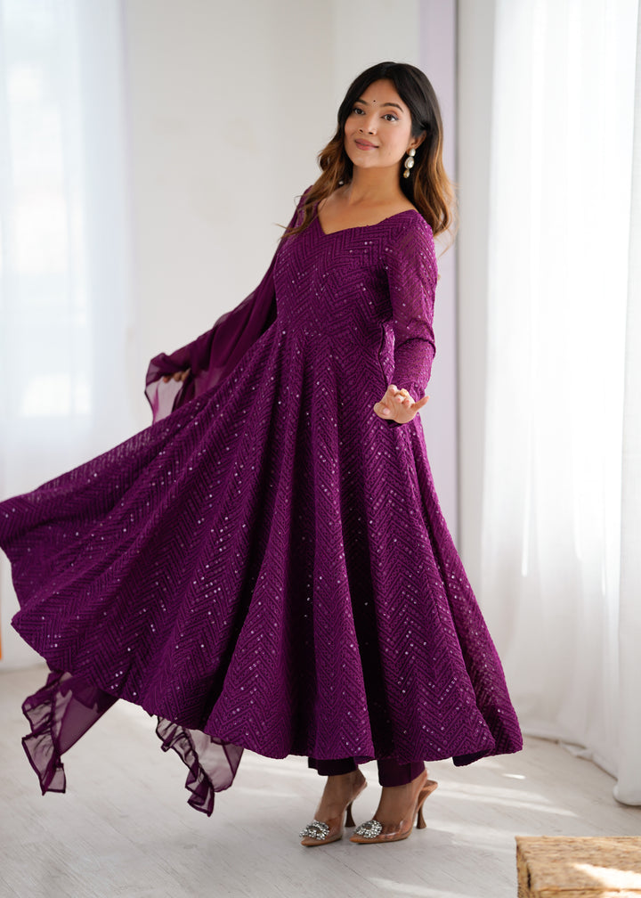 Wine Color Chikankari Embroidered Flared Anarkali Set
